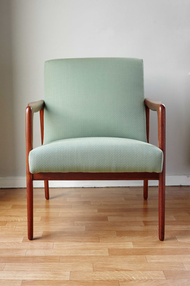 Front of Danish mid-century green armchair