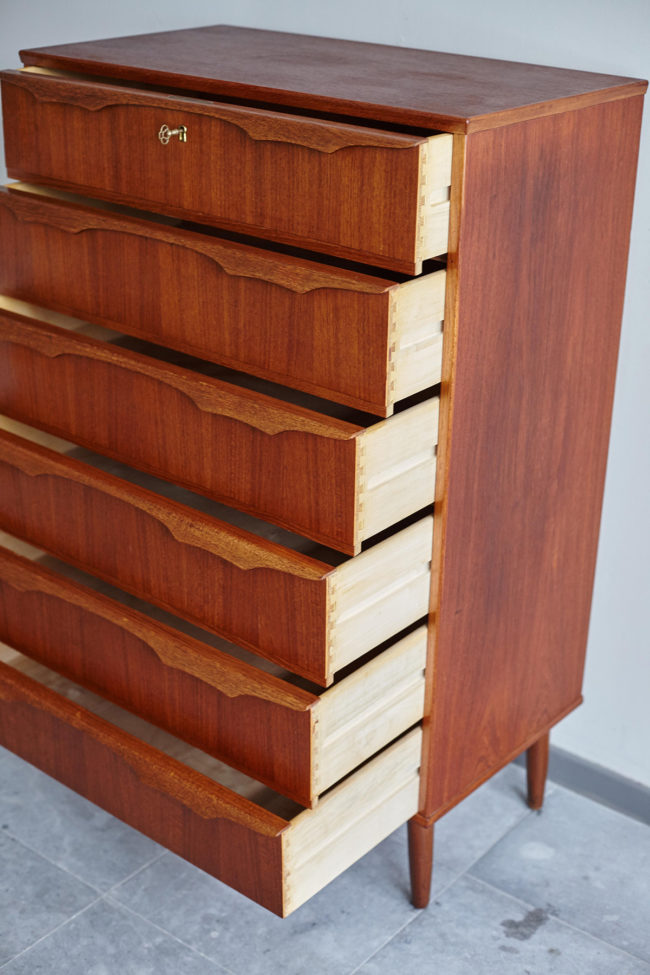 Danish teak chest of drawers with drawers opened