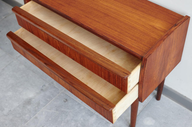 Small Danish teak dresser from above with drawers opened