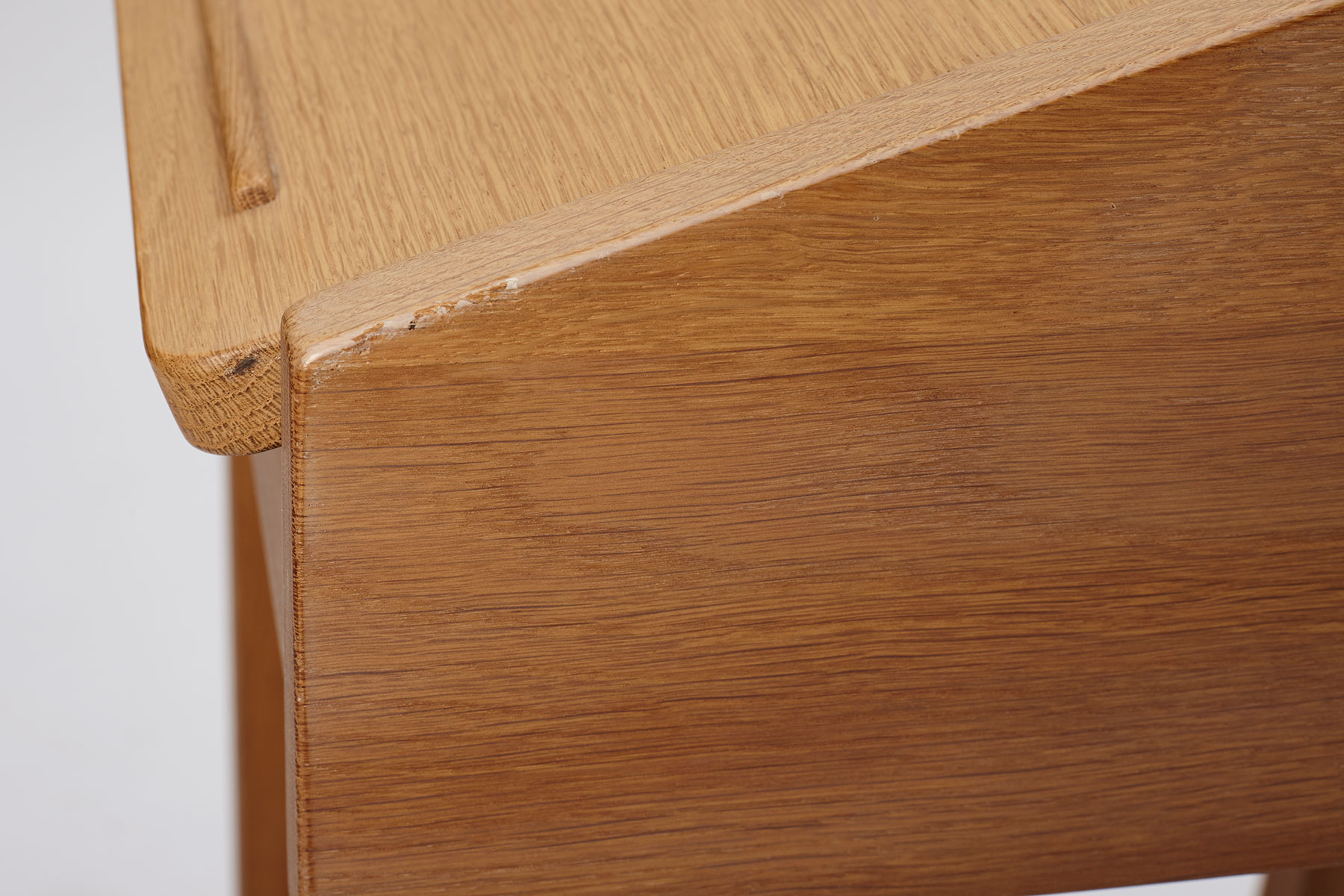 yw_danish_oak_secretary_desk_corner_mark Tall danish oak secretary desk in oak, photographed on a white background - corner mark showing previous use