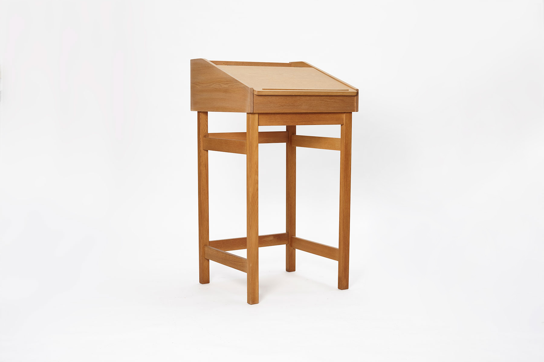 Tall danish oak secretary desk in oak, photographed on a white background - front view at an angle