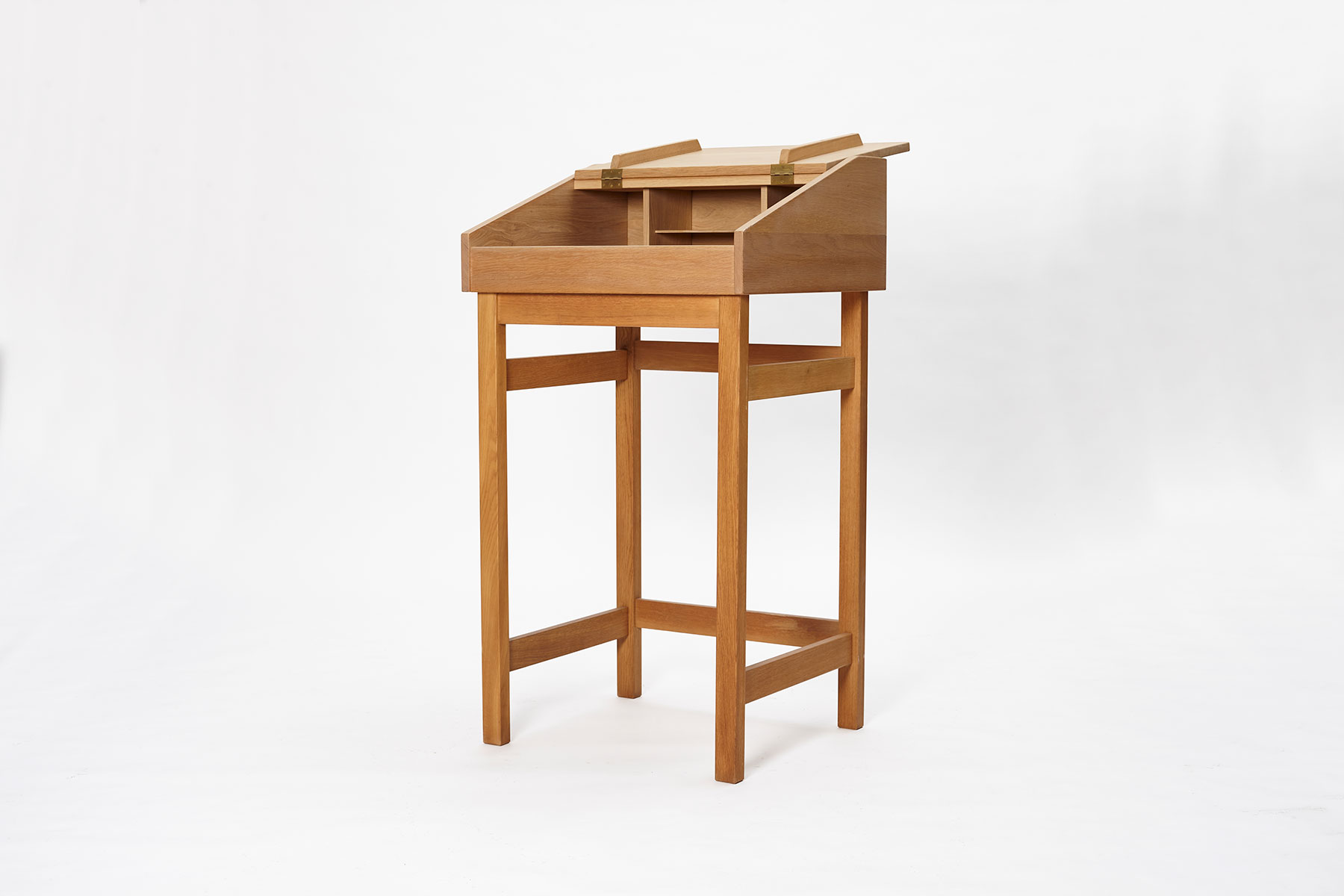 yw_danish_oak_secretary_desk_open_angle Tall danish oak secretary desk in oak, photographed on a white background - front angled view of the desk open