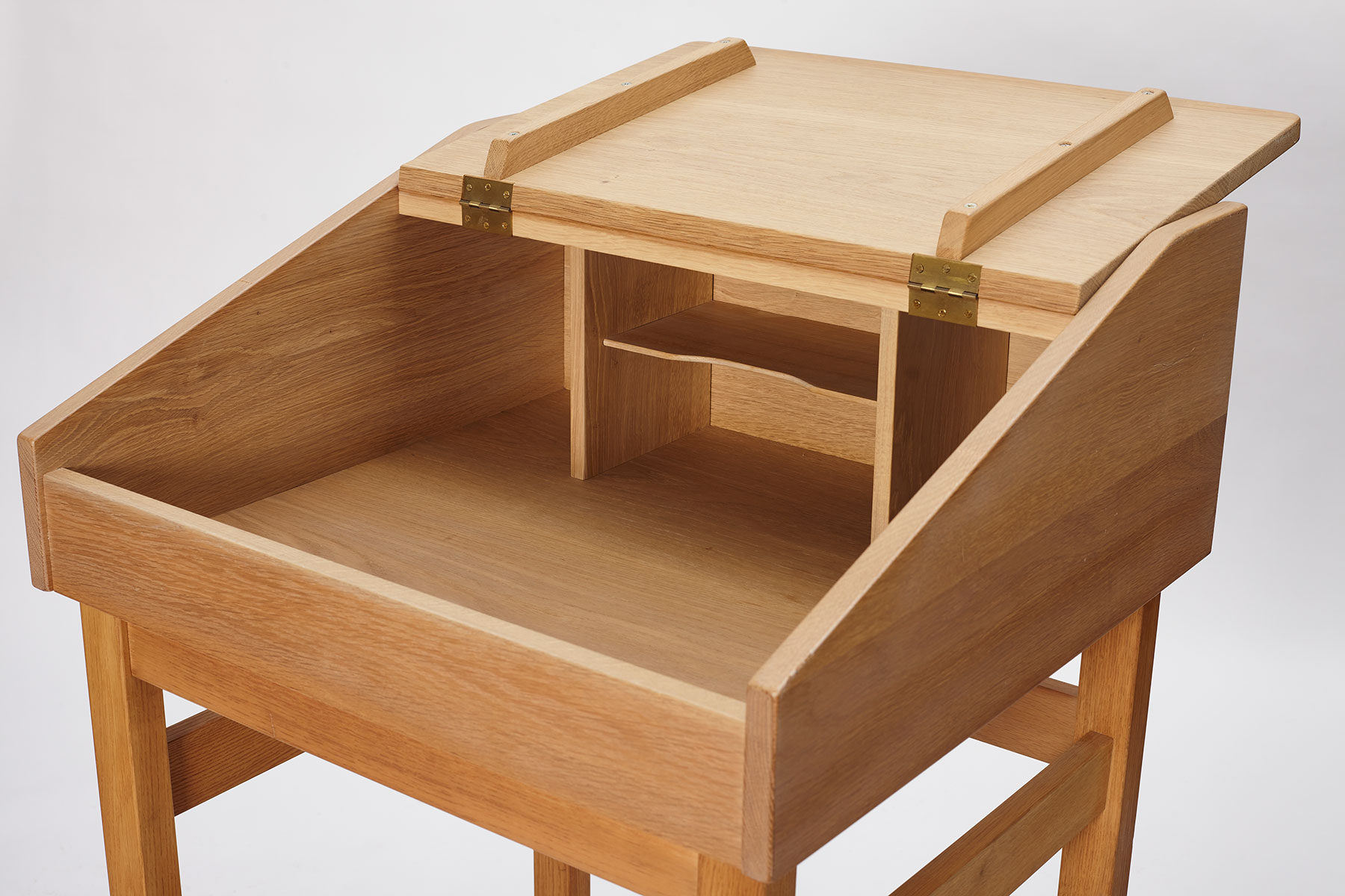 yw_danish_oak_secretary_desk_open_detail Tall danish oak secretary desk in oak, photographed on a white background - view of the desk open at angle